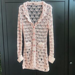 Crochet Pink Vintage Sweater Coat w/ Embellishments